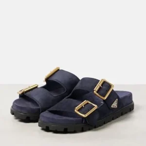 Prada Unisex Suede Strap Slides with Metal Buckle-Navy 1XX692