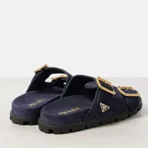 Prada Unisex Suede Strap Slides with Metal Buckle-Navy 1XX692