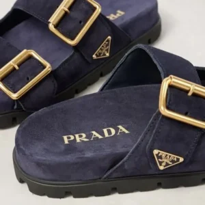 Prada Unisex Suede Strap Slides with Metal Buckle-Navy 1XX692