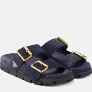 Prada Unisex Suede Strap Slides with Metal Buckle-Navy 1XX692
