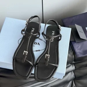 Prada Women Flat Leather Sandals-Black 1X577N011