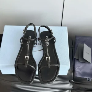 Prada Women Flat Leather Sandals-Black 1X577N011
