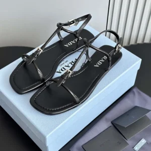 Prada Women Flat Leather Sandals-Black 1X577N011
