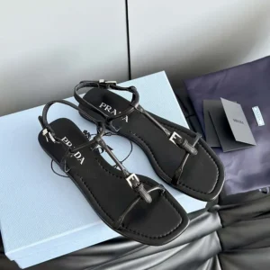 Prada Women Flat Leather Sandals-Black 1X577N011