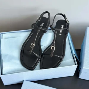 Prada Women Flat Leather Sandals-Black 1X577N011