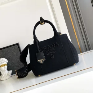 Prada Women Jardinière Small Cotton Canvas Handbag-Black