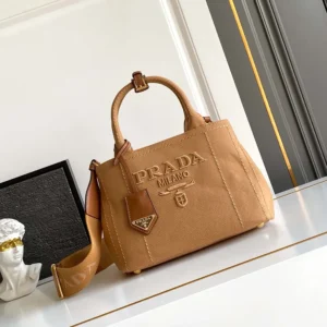 Prada Women Jardinière Small Cotton Canvas Handbag-Brown