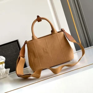 Prada Women Jardinière Small Cotton Canvas Handbag-Brown