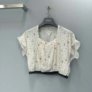 Prada Women Short-sleeved Floral Print Pongé Crop Top P917N17K1