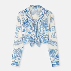Versace Women Underwater Barocco Knotted Crop Cotton Shirt 1020307