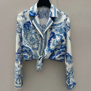 Versace Women Underwater Barocco Knotted Crop Cotton Shirt 1020307