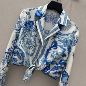 Versace Women Underwater Barocco Knotted Crop Cotton Shirt 1020307