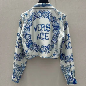 Versace Women Underwater Barocco Knotted Crop Cotton Shirt 1020307
