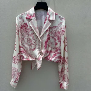 Versace Women Underwater Barocco Knotted Crop Silk Shirt 1020307