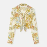 Versace Women Underwater Barocco Knotted Crop Silk Shirt-Yellow 1020307