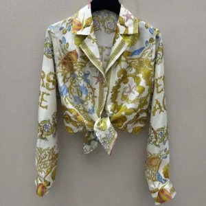 Versace Women Underwater Barocco Knotted Crop Silk Shirt-Yellow 1020307