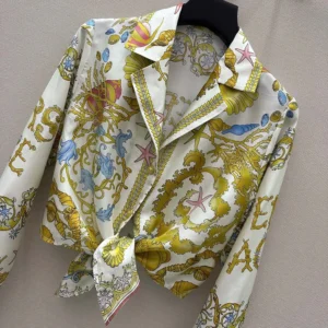 Versace Women Underwater Barocco Knotted Crop Silk Shirt-Yellow 1020307