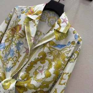 Versace Women Underwater Barocco Knotted Crop Silk Shirt-Yellow 1020307