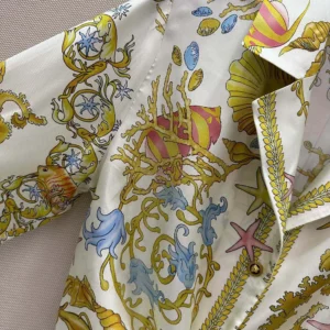 Versace Women Underwater Barocco Knotted Crop Silk Shirt-Yellow 1020307