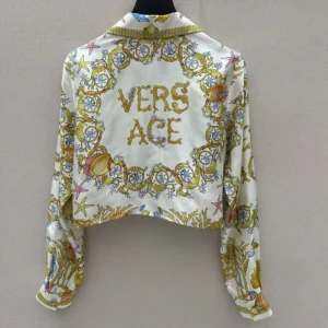 Versace Women Underwater Barocco Knotted Crop Silk Shirt-Yellow 1020307