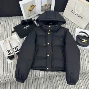 Celine Women Triomphe Cropped Down Jacket in Lightweight Nylon-Black