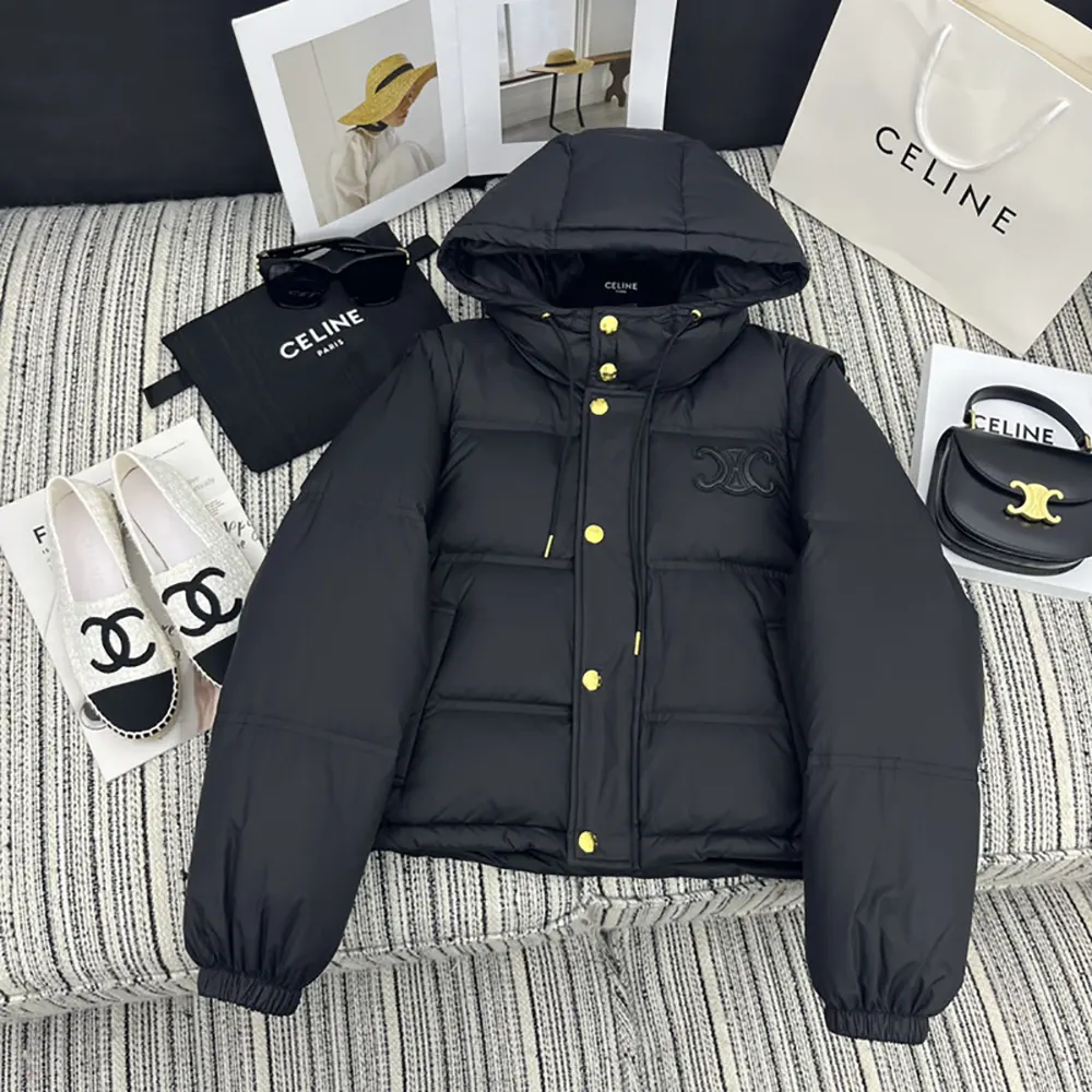Celine Women Triomphe Cropped Down Jacket in Lightweight Nylon-Black 2 Celine Women Triomphe Cropped Down Jacket in Lightweight Nylon-Black