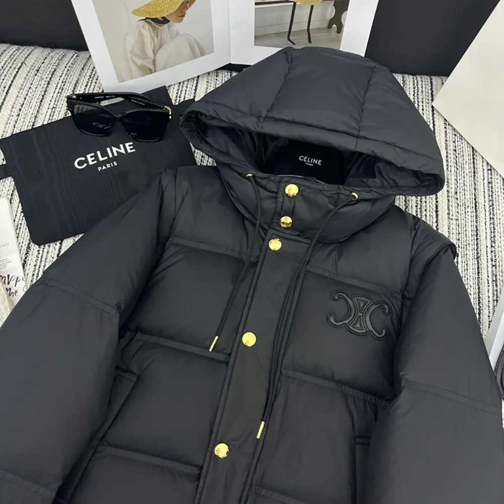 Celine Women Triomphe Cropped Down Jacket in Lightweight Nylon-Black 4 Celine Women Triomphe Cropped Down Jacket in Lightweight Nylon-Black - Image 4