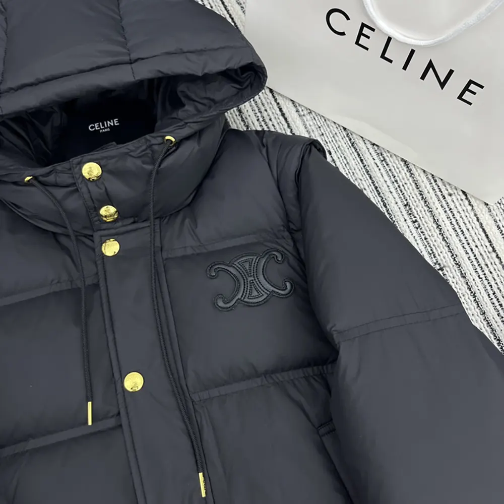Celine Women Triomphe Cropped Down Jacket in Lightweight Nylon-Black 5 Celine Women Triomphe Cropped Down Jacket in Lightweight Nylon-Black