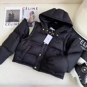 Celine Women Triomphe Cropped Down Jacket in Lightweight Nylon-Black