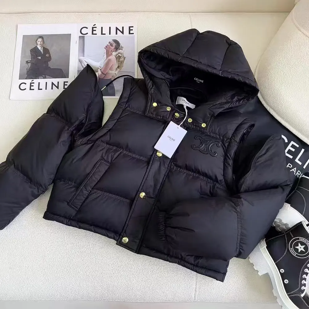 Celine Women Triomphe Cropped Down Jacket in Lightweight Nylon-Black 1 Celine Women Triomphe Cropped Down Jacket in Lightweight Nylon-Black