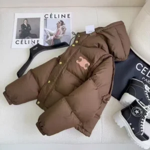 Celine Women Triomphe Cropped Down Jacket in Lightweight Nylon-Brown