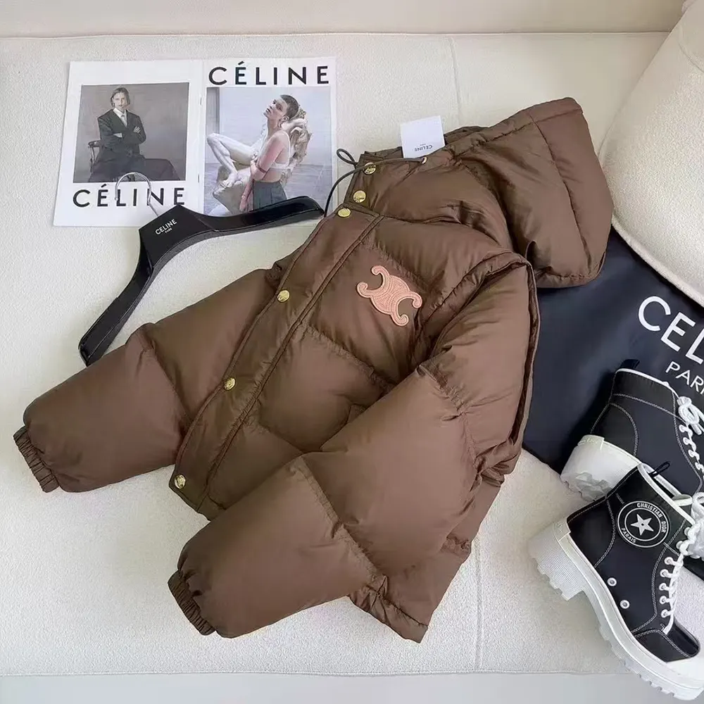 Celine Women Triomphe Cropped Down Jacket in Lightweight Nylon-Brown 5 Celine Women Triomphe Cropped Down Jacket in Lightweight Nylon-Brown
