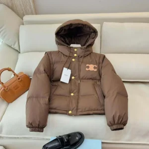 Celine Women Triomphe Cropped Down Jacket in Lightweight Nylon-Brown