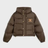 Celine Women Triomphe Cropped Down Jacket in Lightweight Nylon-Brown