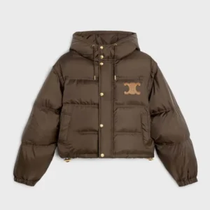 Celine Women Triomphe Cropped Down Jacket in Lightweight Nylon-Brown