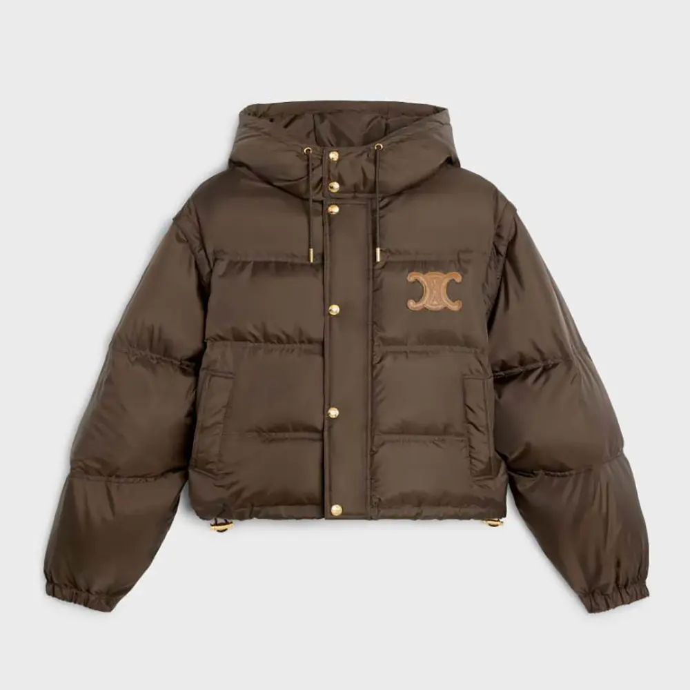Celine Women Triomphe Cropped Down Jacket in Lightweight Nylon-Brown 1 Celine Women Triomphe Cropped Down Jacket in Lightweight Nylon-Brown