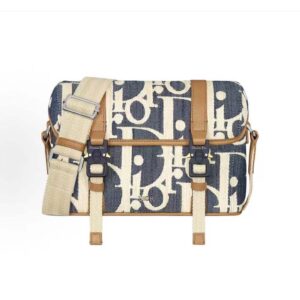 Dior Men Hit the Road Messenger Bag with Flap Blue and Beige Raffia-Effect Dior Oblique Denim