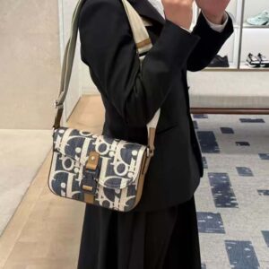 Dior Men Hit the Road Messenger Bag with Flap Blue and Beige Raffia-Effect Dior Oblique Denim
