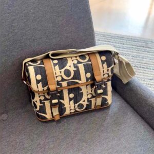 Dior Men Hit the Road Messenger Bag with Flap Blue and Beige Raffia-Effect Dior Oblique Denim