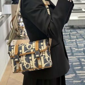 Dior Men Hit the Road Messenger Bag with Flap Blue and Beige Raffia-Effect Dior Oblique Denim