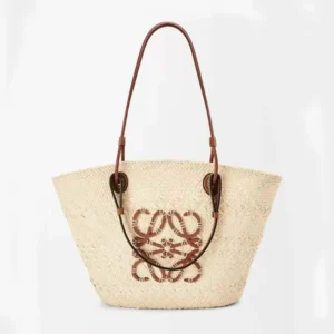 Loewe Women Large Anagram Basket Bag in Iraca Palm and Calfskin