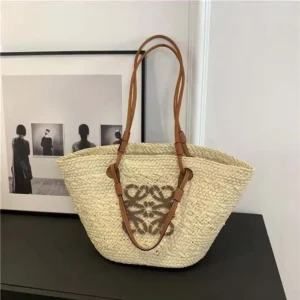 Loewe Women Large Anagram Basket Bag in Iraca Palm and Calfskin