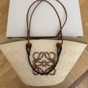 Loewe Women Large Anagram Basket Bag in Iraca Palm and Calfskin