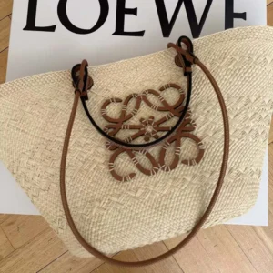 Loewe Women Large Anagram Basket Bag in Iraca Palm and Calfskin