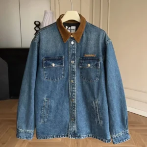Miu Miu Women Denim Down Jacket with Embroidered Logo