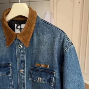 Miu Miu Women Denim Down Jacket with Embroidered Logo