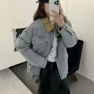 Miu Miu Women Logo Corduroy-trimmed Denim Blouson