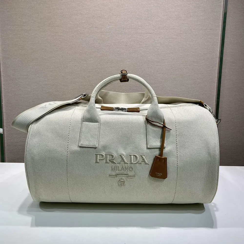 Prada Unisex Canvas Duffle Bag-White 2VC051 2 Prada Unisex Canvas Duffle Bag-White 2VC051
