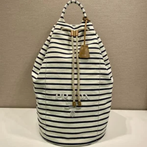 Prada Unisex Striped Canvas Drawstring Duffel Bag-White 2VY0112HJN