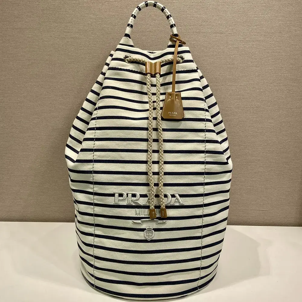Prada Unisex Striped Canvas Drawstring Duffel Bag-White 2VY0112HJN